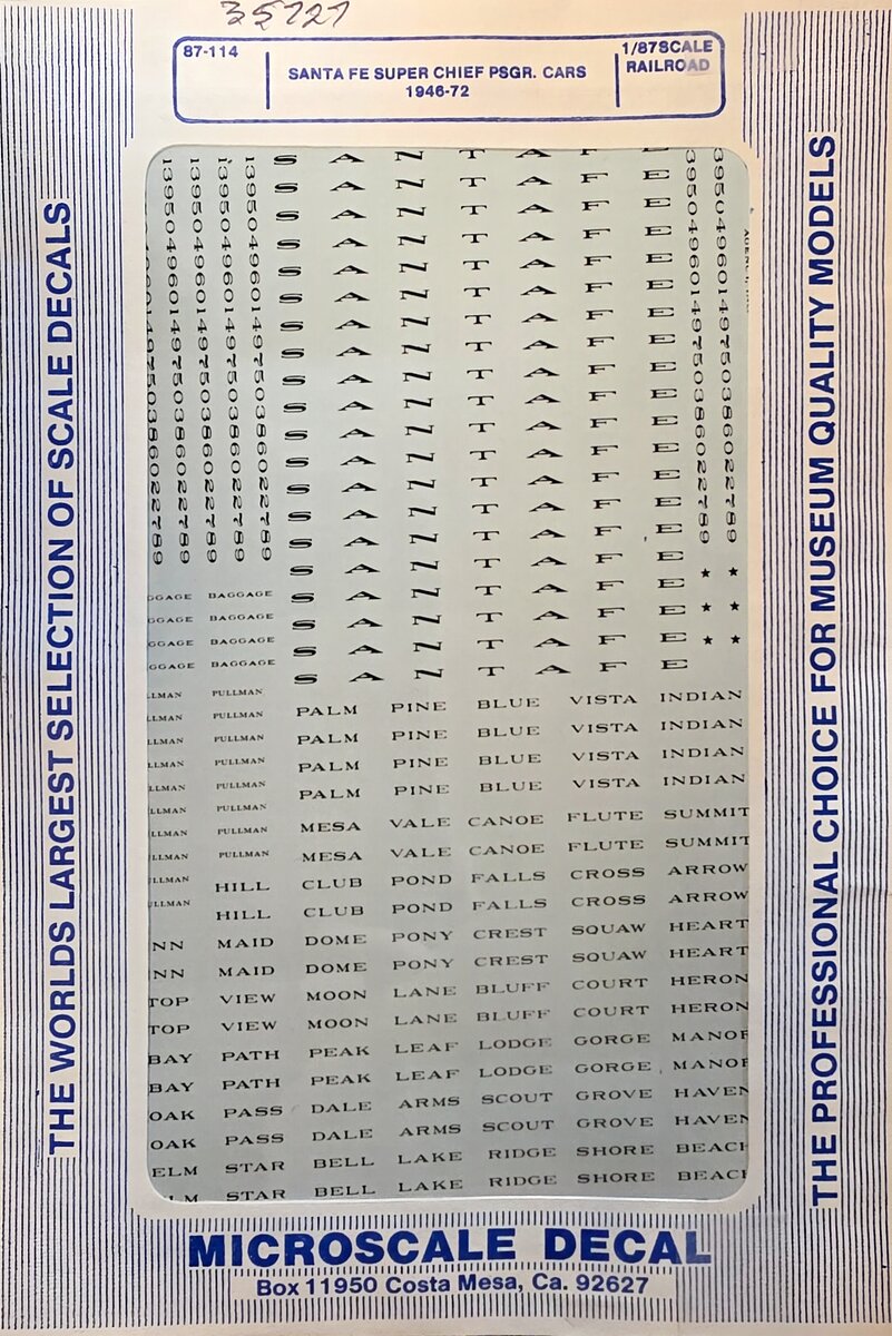 Microscale 87-114 HO 1946-1972 Santa Fe Streamline Passenger Cars Decal Sheet