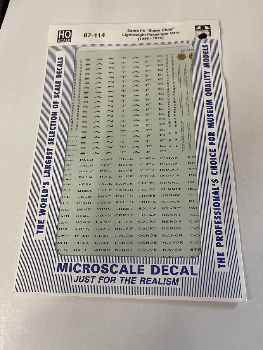 Microscale 87-114 HO 1946-1972 Santa Fe Streamline Passenger Cars Decal Sheet