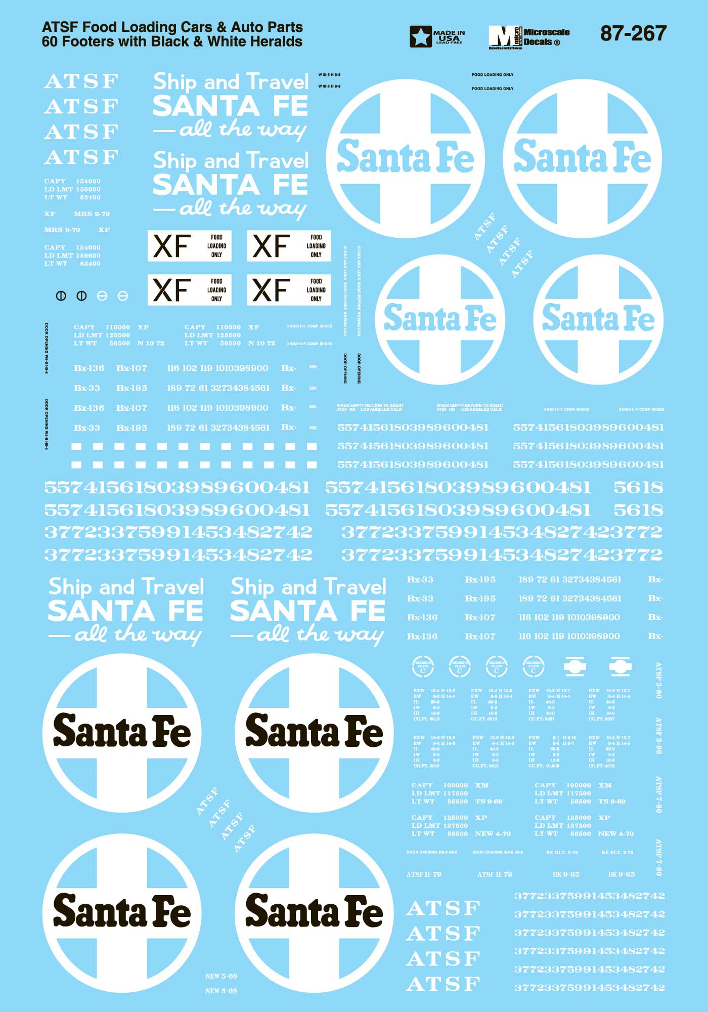 Microscale 87-267 HO ATSF 60' Auto Parts Freight-Box Car B&W Logos Decal Sheet