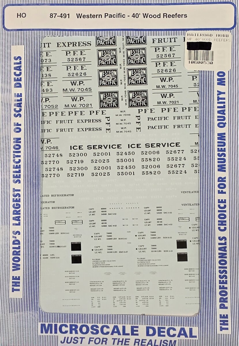 Microscale 87-491 HO Western Pacific 40' Wooden Reefers Decal Sheet