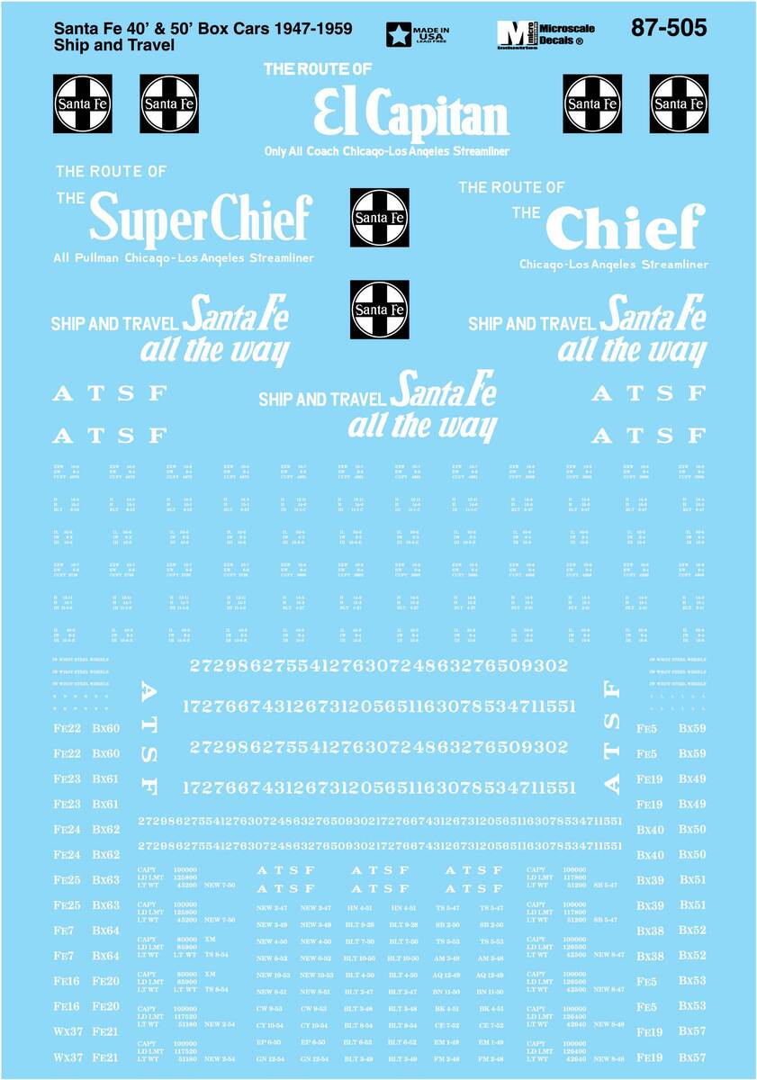 Microscale 87-505 HO ATSF El Capitan, Super Chief 40 & 50'' Box Cars Decal Sheet