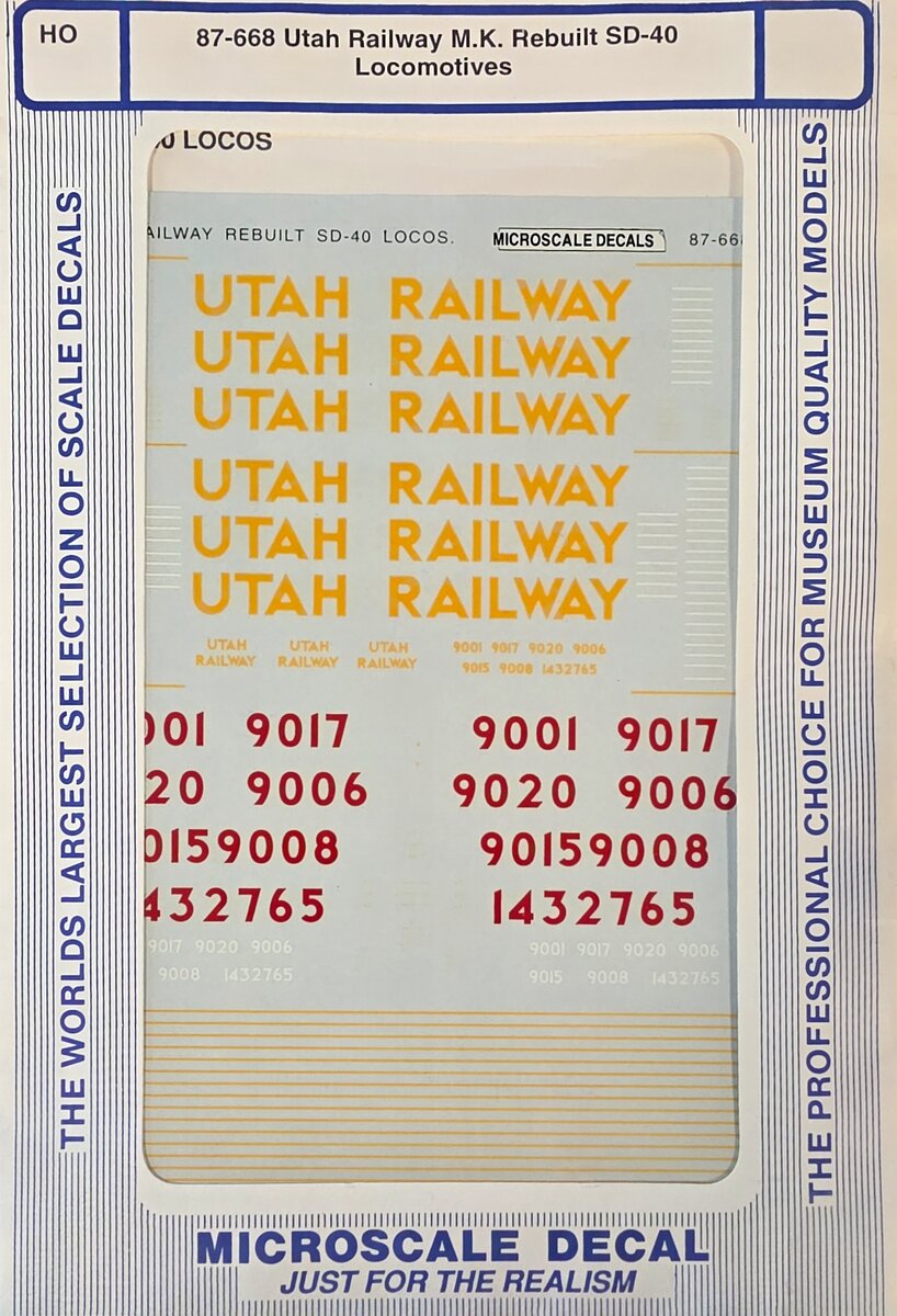 Microscale 87-668 HO Utah Railway Rebuilt SD40 Diesels Loco Decal Sheet