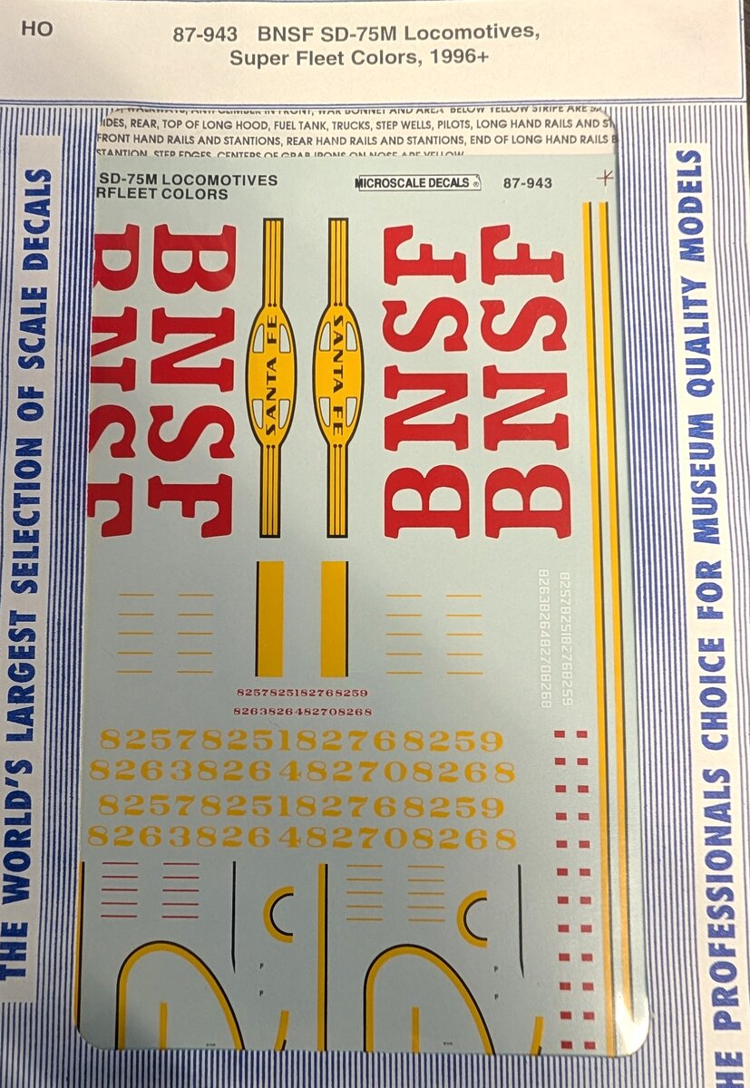 Microscale 87-943 HO BNSF SD75M Diesel Locomotive Decal Sheet