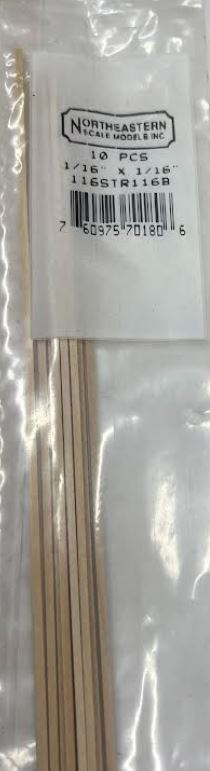 Northeastern Scale Lumber 70180 1/16" x 1/16" x 24" Basswood Strips - Stripwood