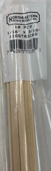 Northeastern Scale Lumber 70185 1/16" x 3/16" x 24" Basswood Strips - Stripwood