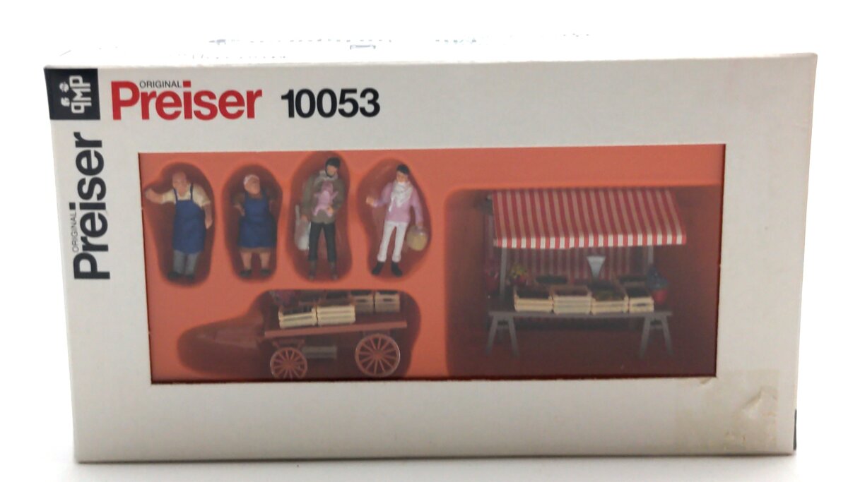 Preiser 10053 HO Vendors & Customer Figures w/Fruit & Veg. Stalls (Set of 4)