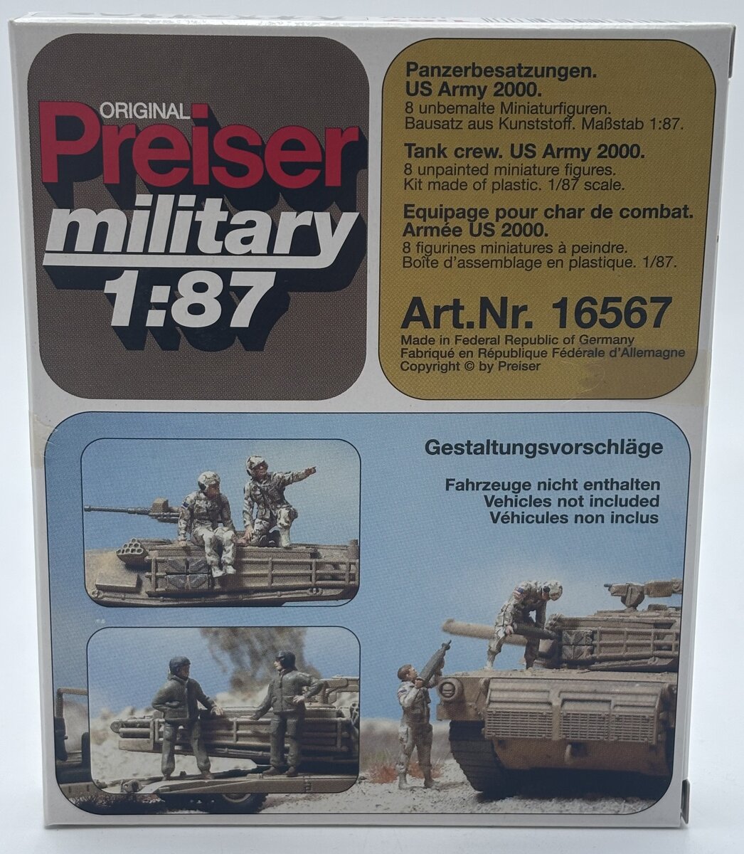 Preiser 16567 HO Unpainted US Army Tank Crew Plastic Figure Kit (Set of 8)