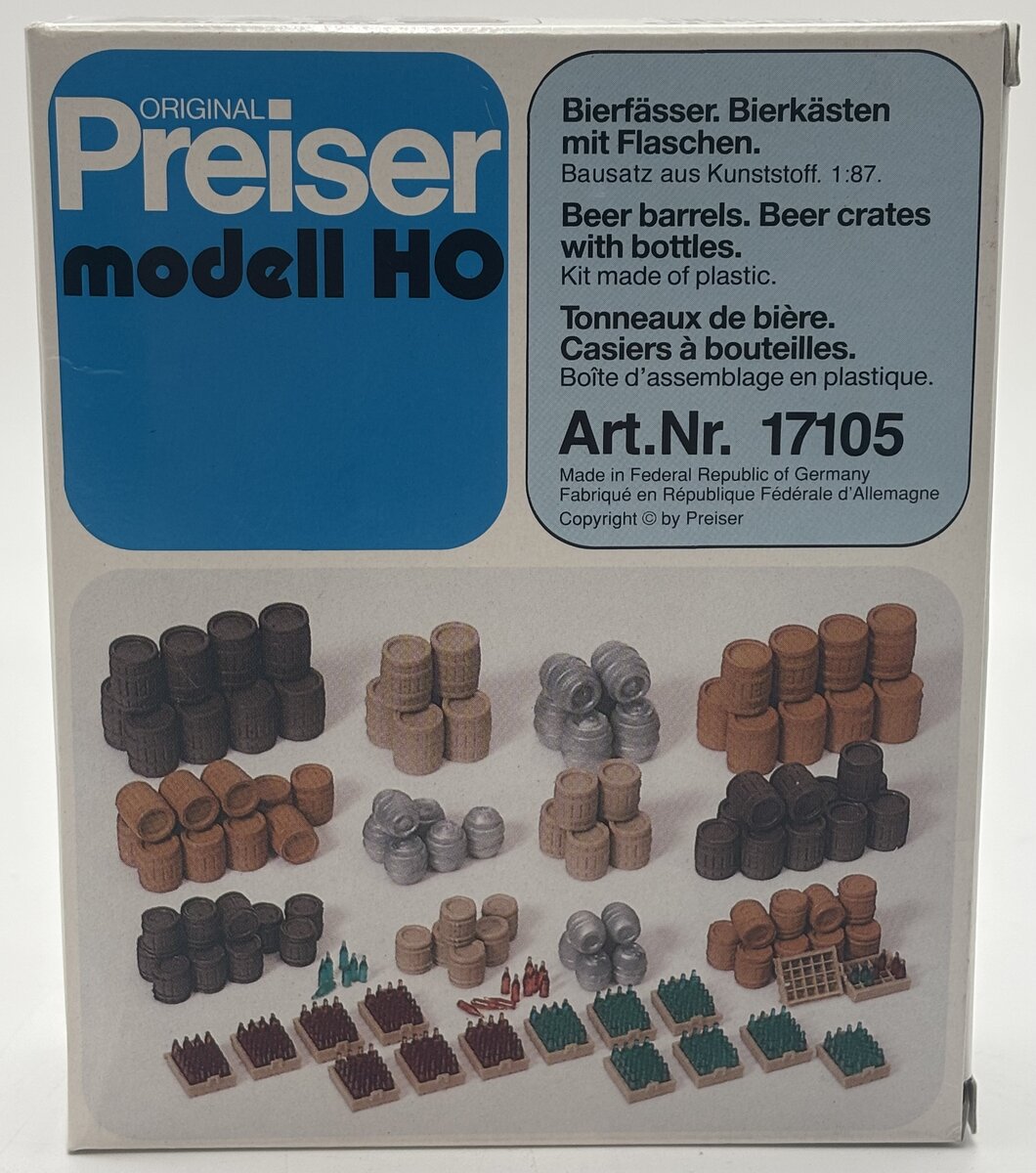 Preiser 17105 HO Beer Barrels, Beer Crates W/Bottles in Various Shapes