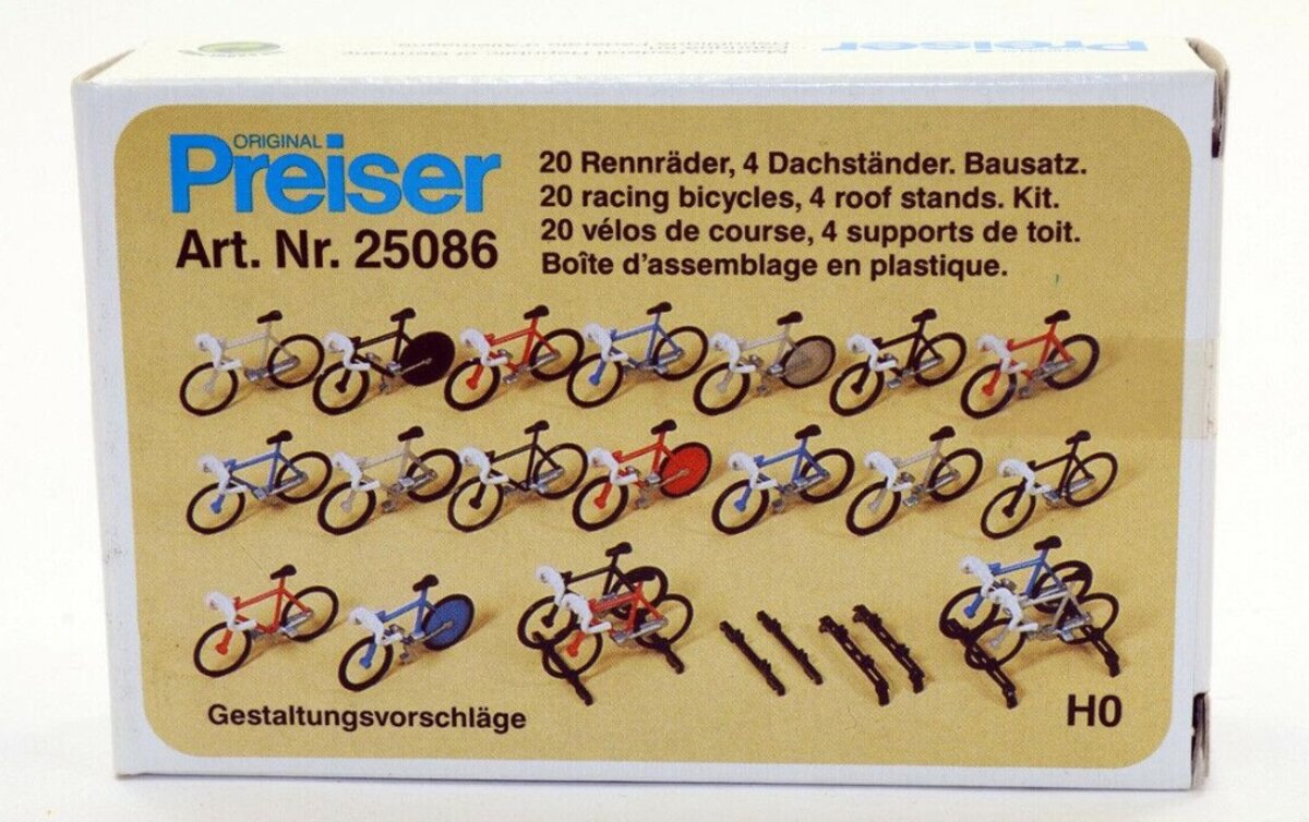 Preiser 25086 HO Racing Bicycles & 4-Roof Stands Plastic Model Kit (Set of 20)
