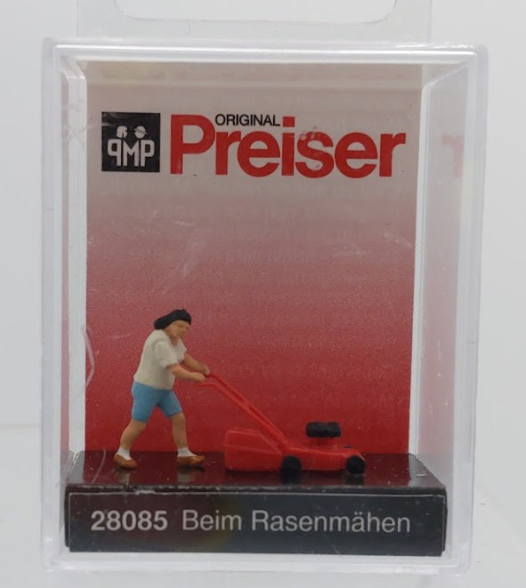Preiser 28085 HO Scale Woman Mowing the Lawn