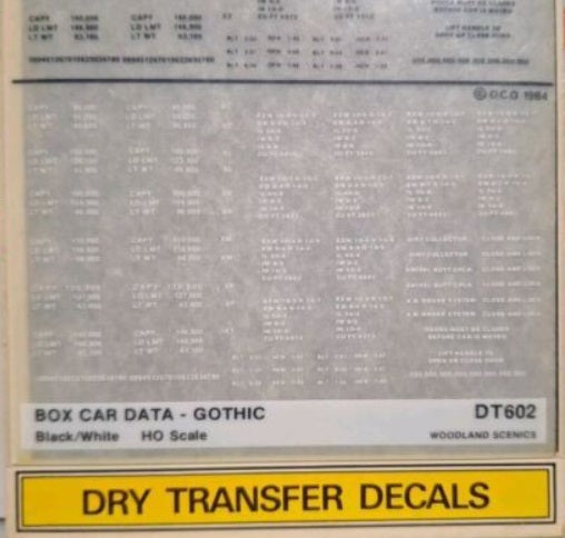 Woodland Scenics DT602 Box Car Data Gothic Black/White Dry Transfer Decals