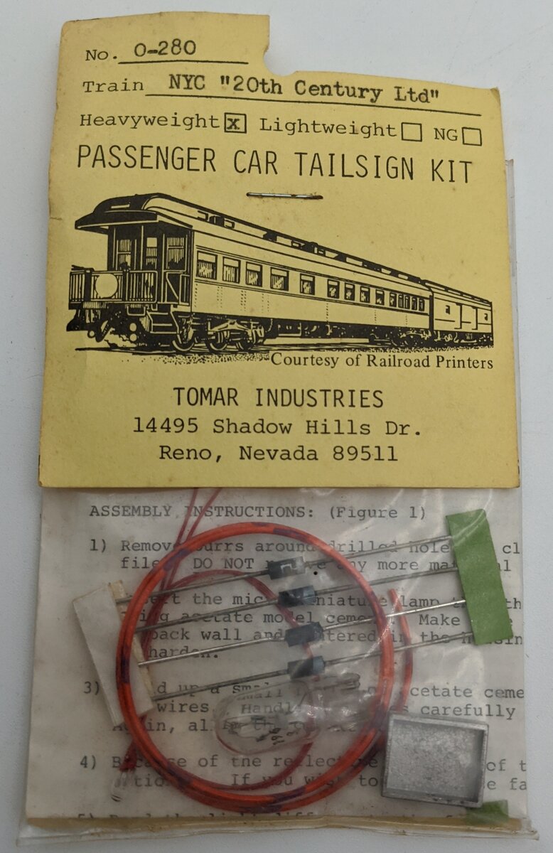 Tomar Industries 280 NYC 20th Century Ltd. Passenger Car Tail Sign Kit