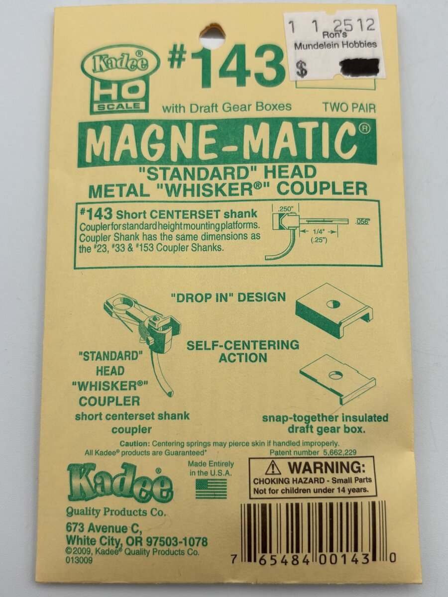 Kadee 143 HO Whisker Coupler 1/4 Centerset (2 Pair)