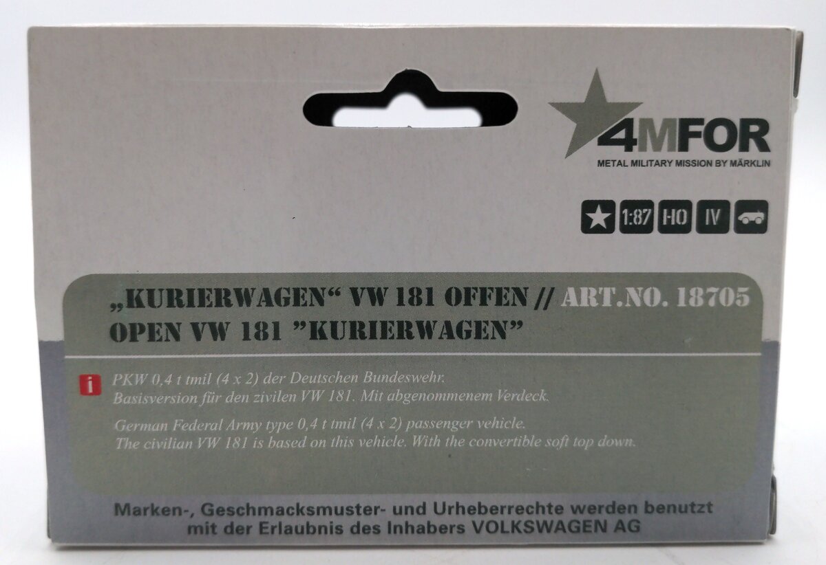 Marklin 18705 1:87 Scale Diecast Open VW 181 Kurierwagen