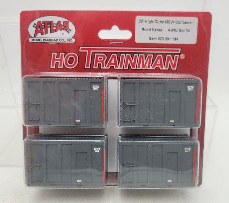 Atlas 20001194 HO Scale 20' Hi-Cube MSW Trash Container AWIU Set #4 (Pack of 4)