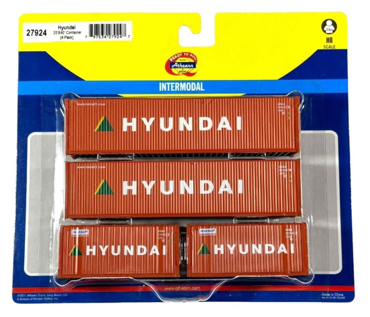 Athearn 27924 HO RTR Hyundai 20'' & 40'' Container (Set of 4)
