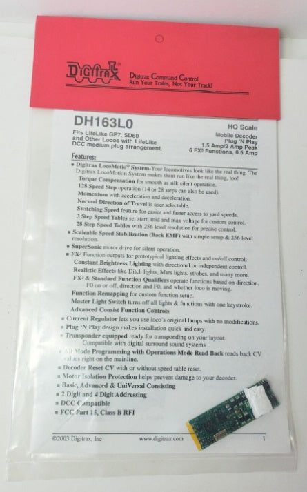 Digitrax DH163L0 HO Scale Mobile Decoder Plug N' Play 1.5 Amp/2 Amp Peak