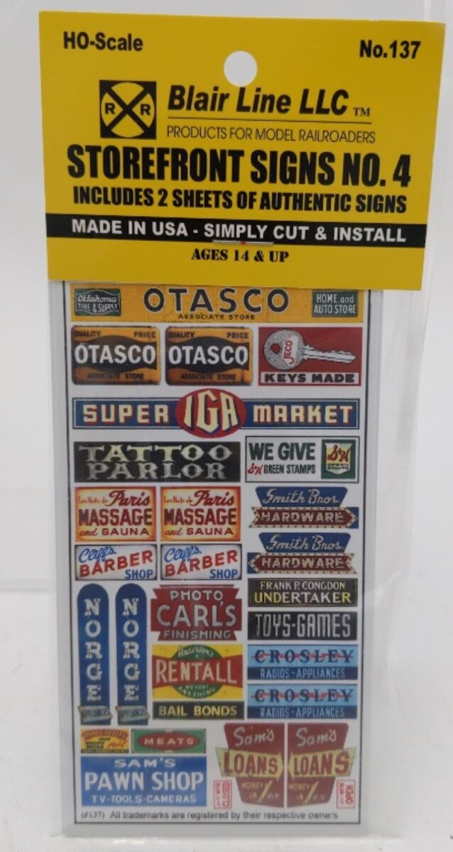 Blair Line 137 HO Scale Storefront Signs No. 4 Sheet (Pack of 2)