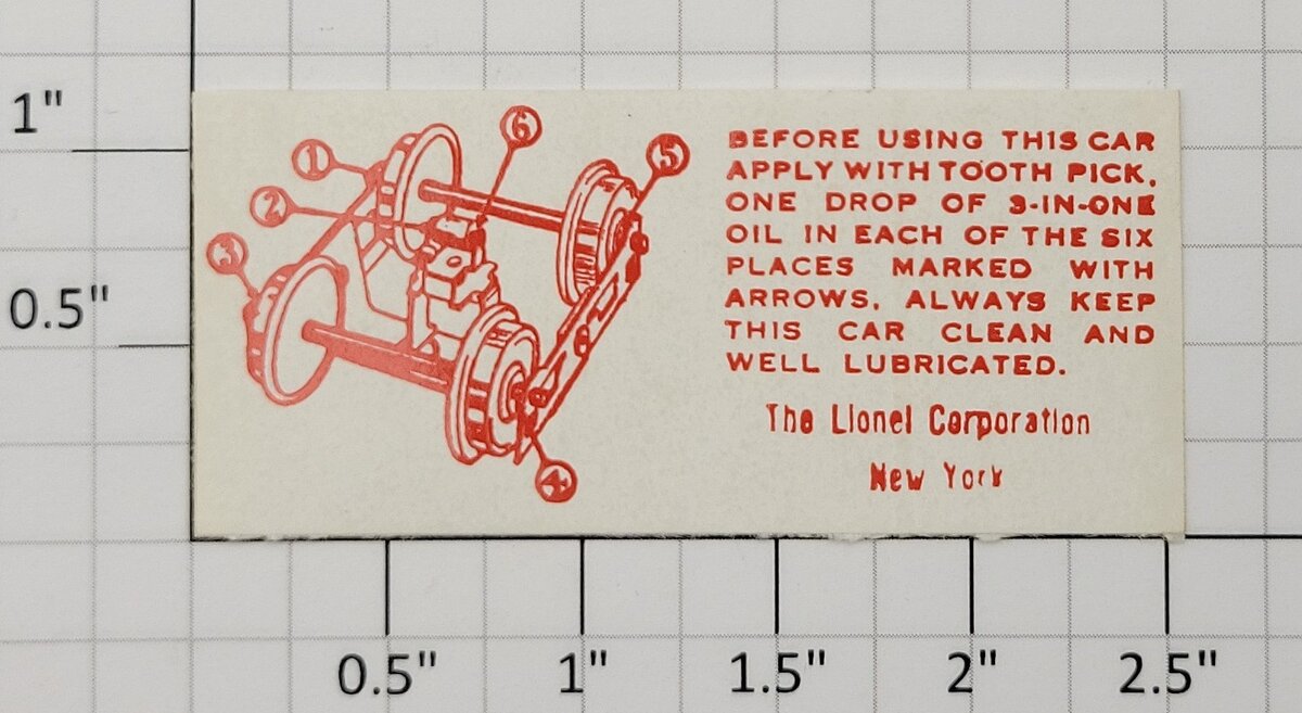 Lionel 4 Truck Oil Sticker "Before Using This Car" Red Lettering Sticker
