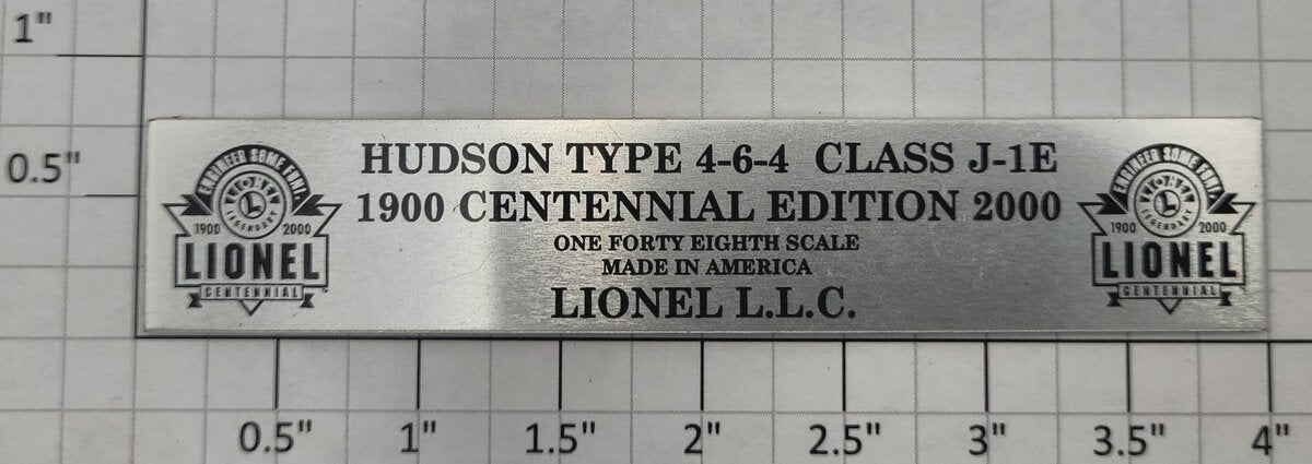 Lionel 8062-20 Hudson Type 4-6-4 Centennial Edition Adhesive Name Plate