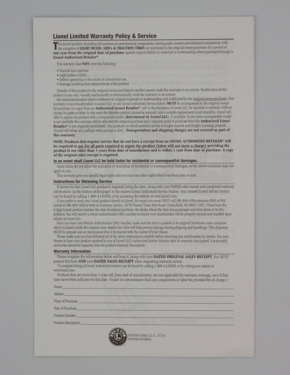 Lionel 771-1296-250 Little Lines Polar Express Instruction Manual