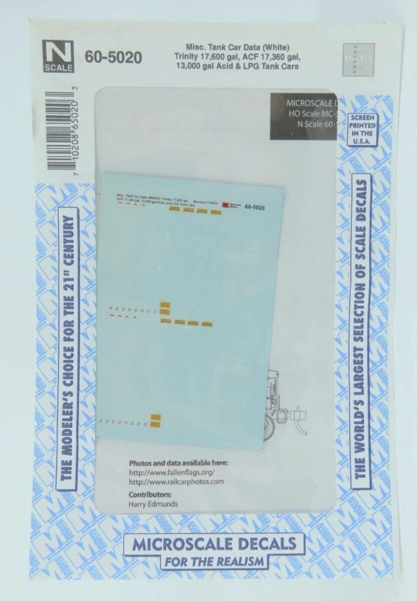 Microscale 60-5020 N Scale White Tank Car Data Waterslide Decal Sheet