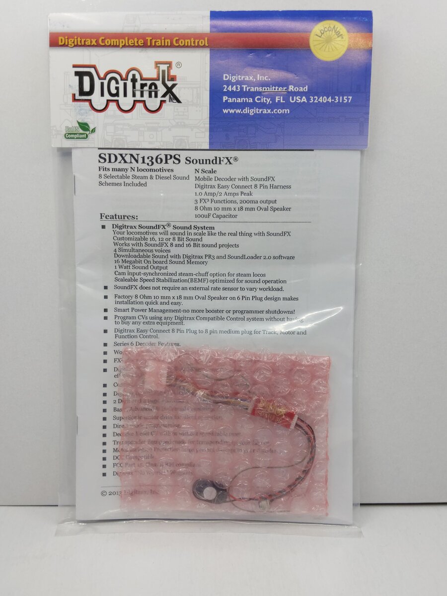 Digitrax SDXN136PS N Scale Mobile Decoder with Sound FX - 8-Pin Harness