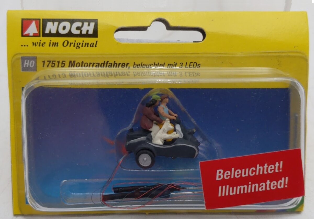Noch 17515 HO 3-Wheeled Motor Scooter Motorcyclist & Dog in Side Car Illuminated
