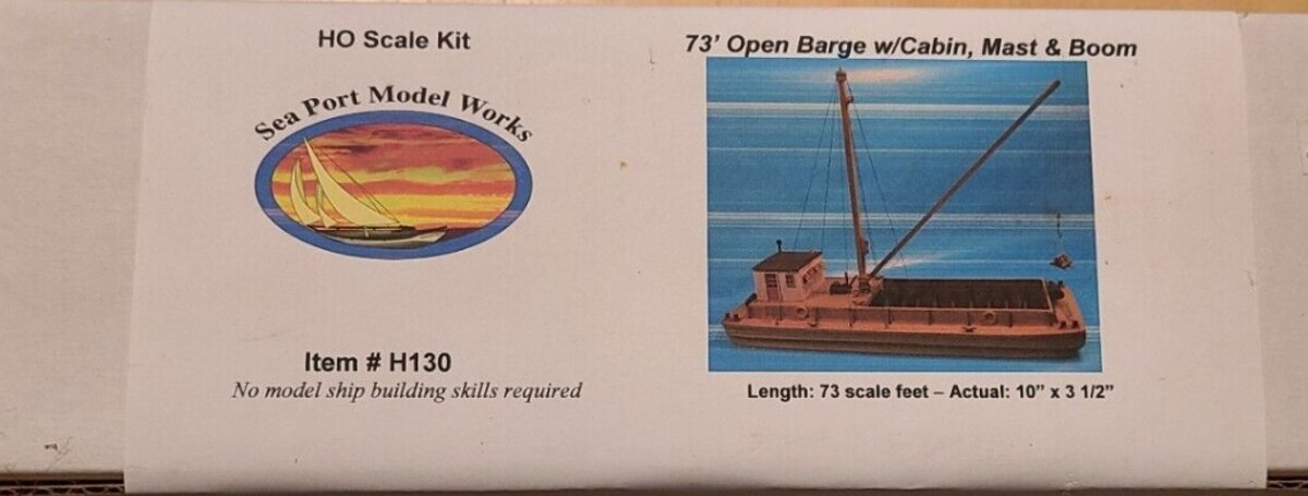 Sea Port Model Works H130 HO 73'' Open Barge w/Cabin Mast & Boom Kit