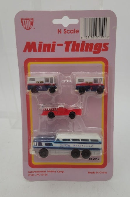 IHC 52-7019 N Scale 1 Greyhound Scenicruiser 1 Bus Fire Truck & 2 US Mail Trucks