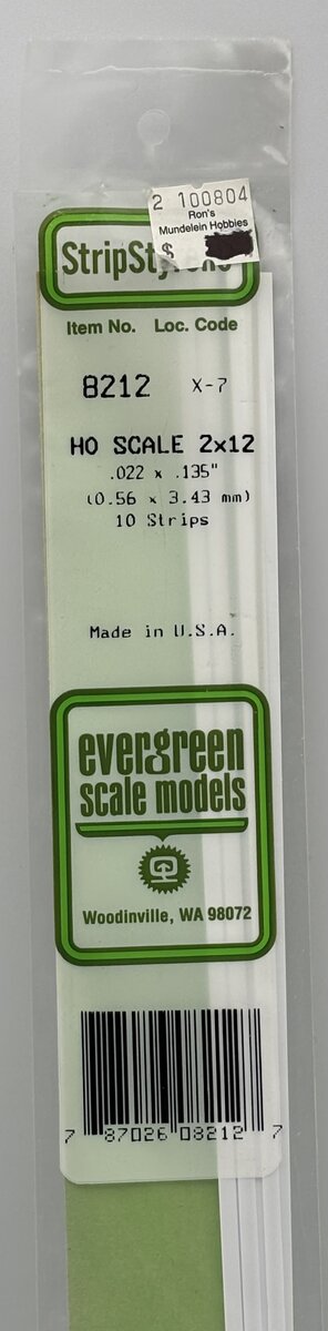 Evergreen Scale Models 8212 HO 2X12 .022" x .135" x 14" Strips (Pack of 10)