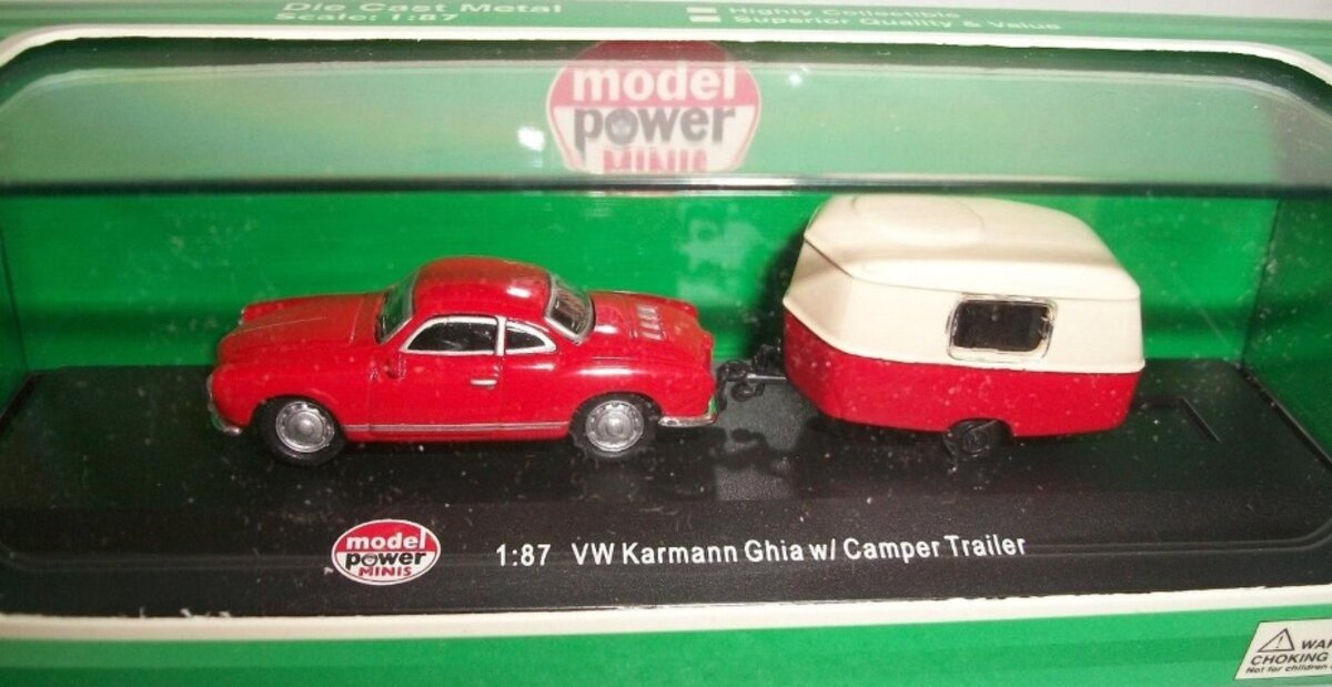 Model Power 19673 HO Minis Red & Beige VW Karmann Ghia W/Camper Trailer