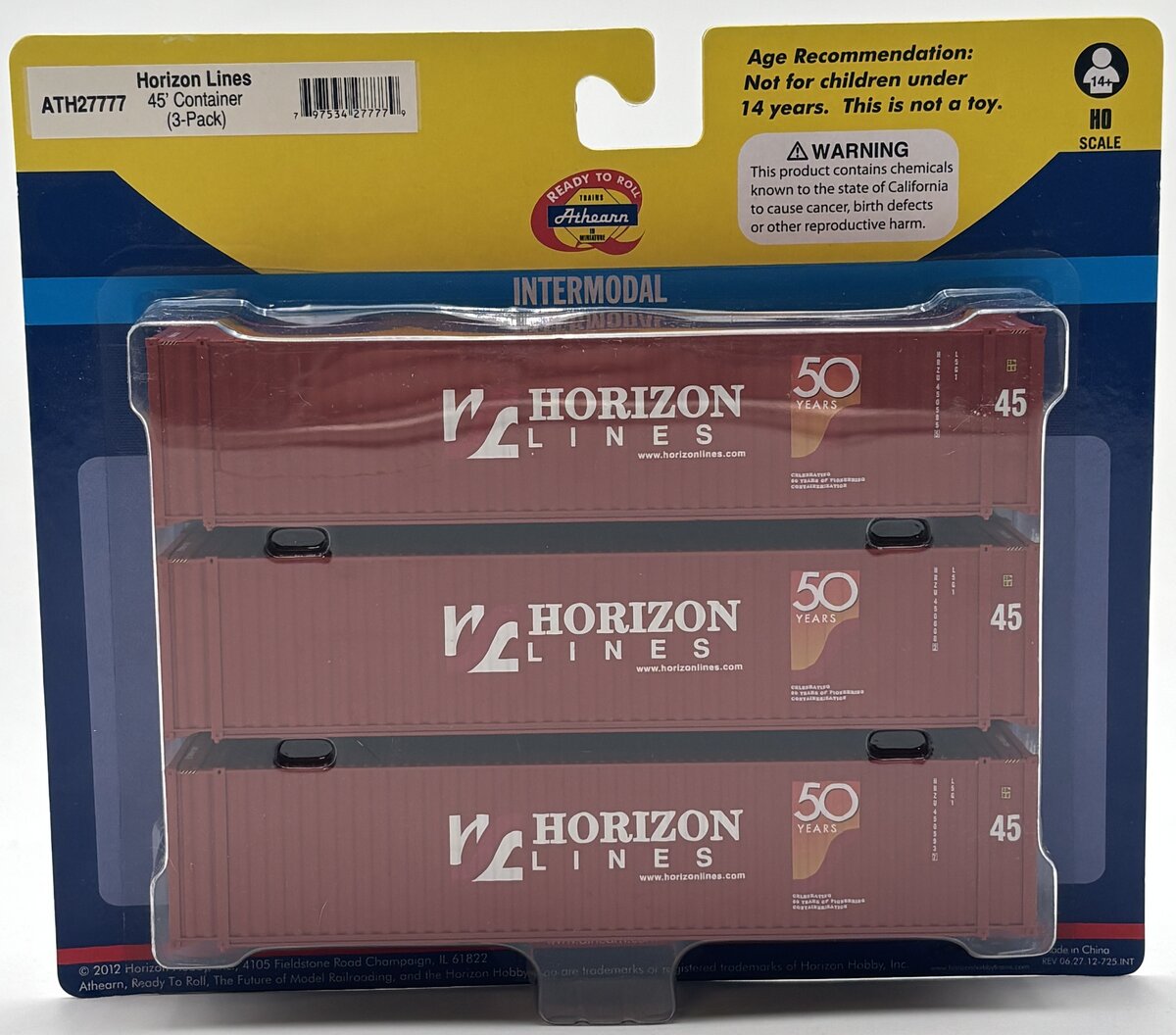 Athearn 27777 HO Horizon Lines 45' Container Intermodal (Set of 3)