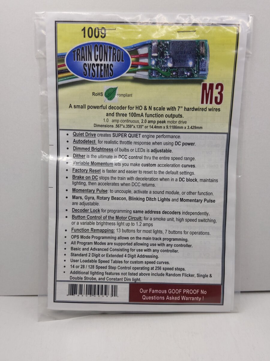 Train Control Systems 1009 M3 HO/N Small Powerful Decoder 7" Hardwired Wires+