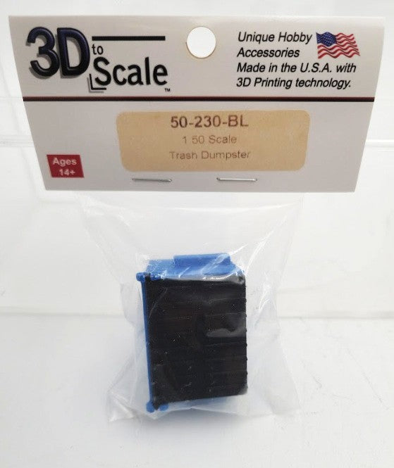 3D to Scale 50-230-BL 1:50 / O Scale Blue Trash Dumpster W/Removable Black Lid