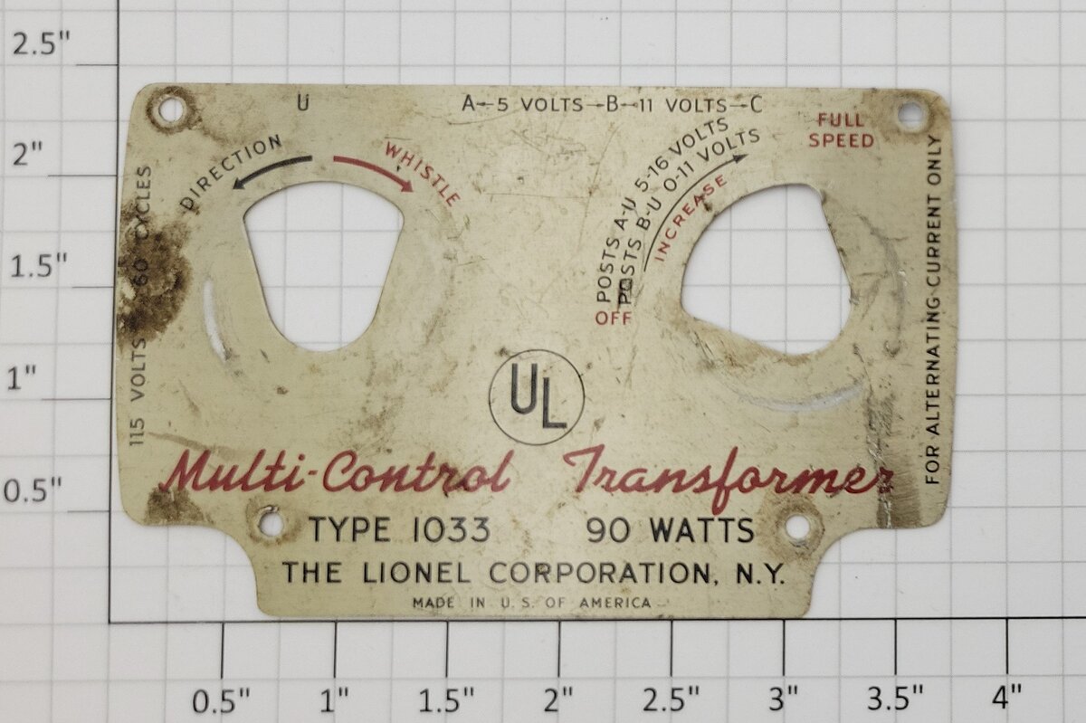 Lionel 1033-25 Transformer Nameplate