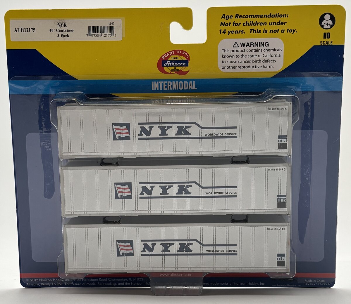 Athearn 12175 HO NYK RTR 40' Smooth Containers (3)