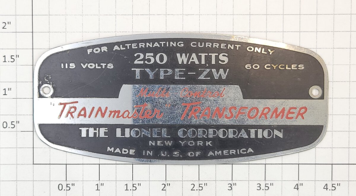 Lionel ZW-21 Metal Namplate