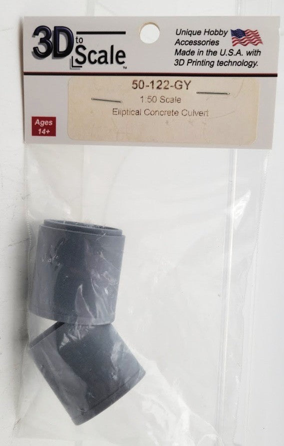 3D to Scale 50-122-GY 1:50 / O Scale Grey Concrete Eliptical Culvert (Pack of 2)