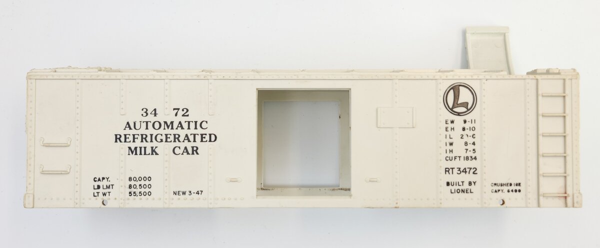 Lionel 3472-61 White Automatic Refrigerated Milk Car Body Shell Assembly