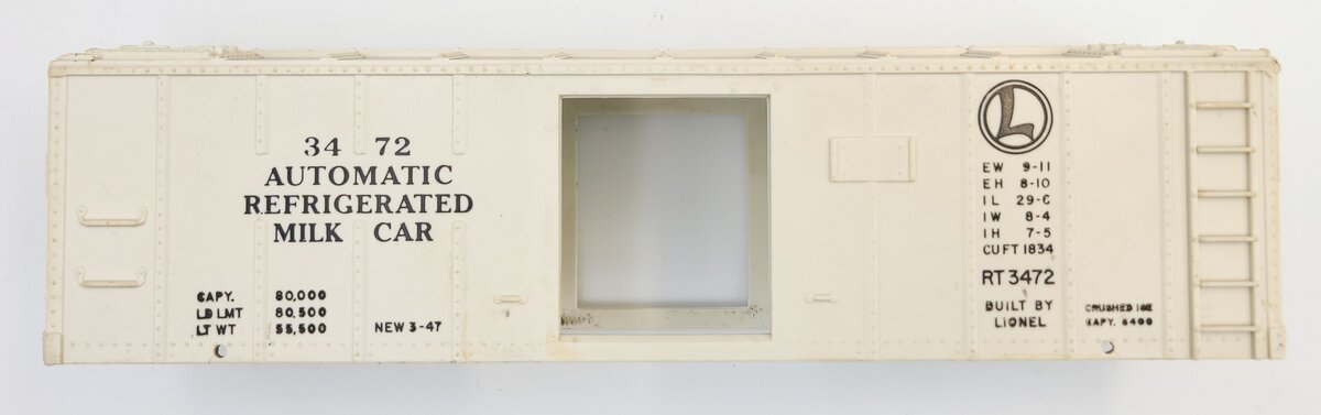 Lionel 3472-61 White Automatic Refrigerated Milk Car Body Shell Assembly