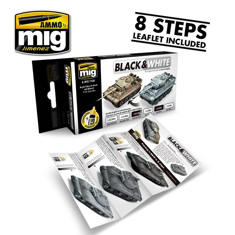 Mig Jimenez 7128 Black & White Technique Acrylic Paints (Set of 6)