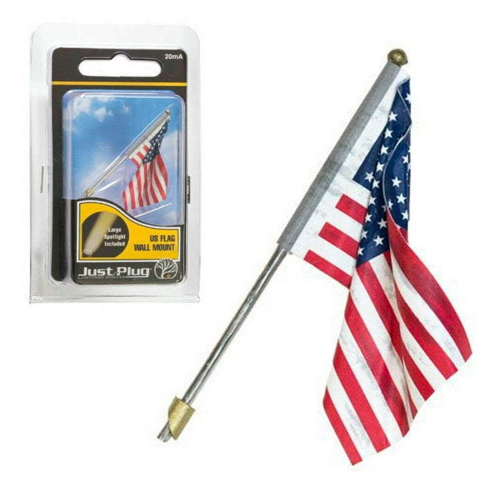 Woodland Scenics JP5954 HO Just Plug Medium US Flag Wall Mount W/Small Spotlight