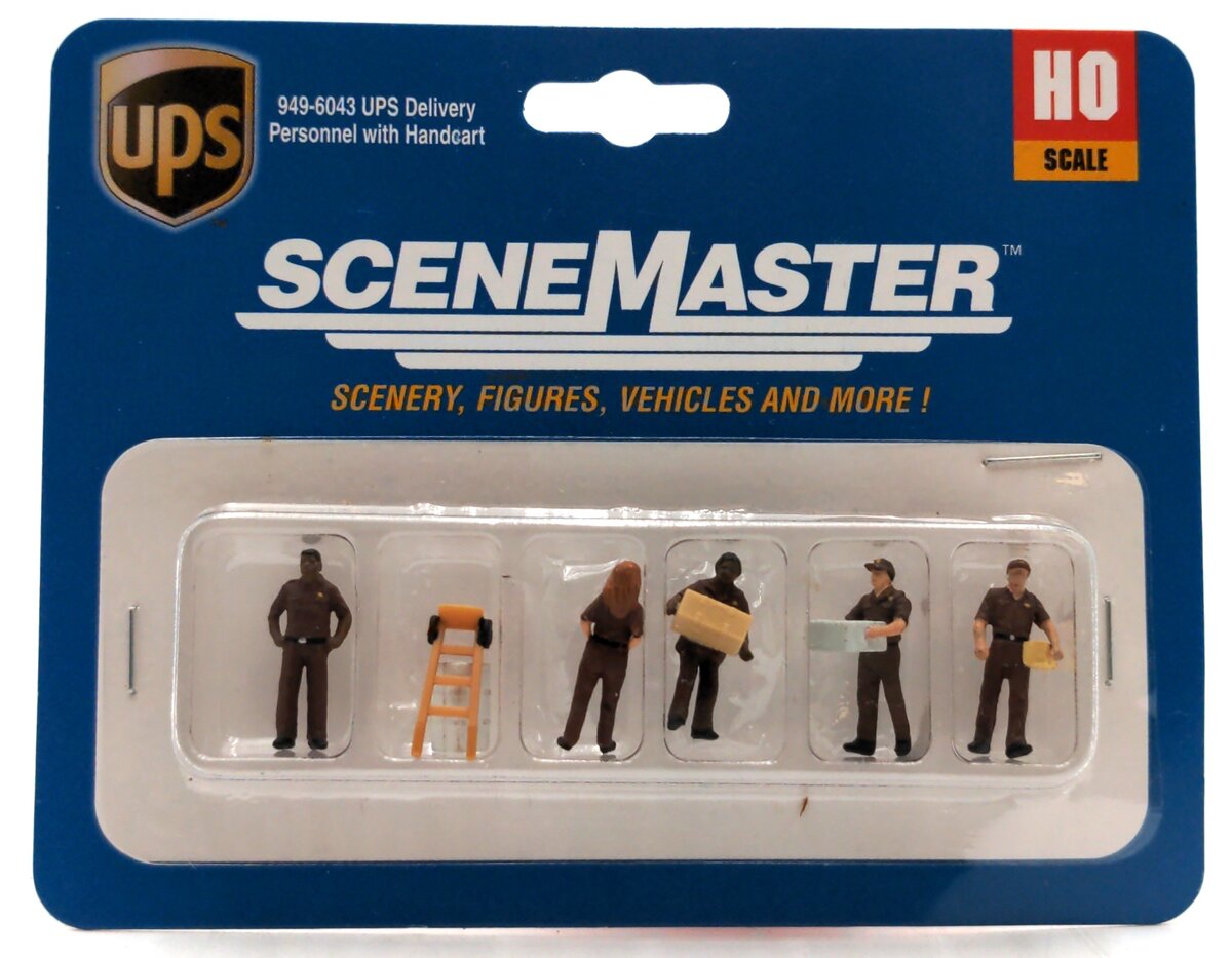 Walthers 949-6043 HO UPS Delivery Personnel With Handcart Figures (Set of 5)