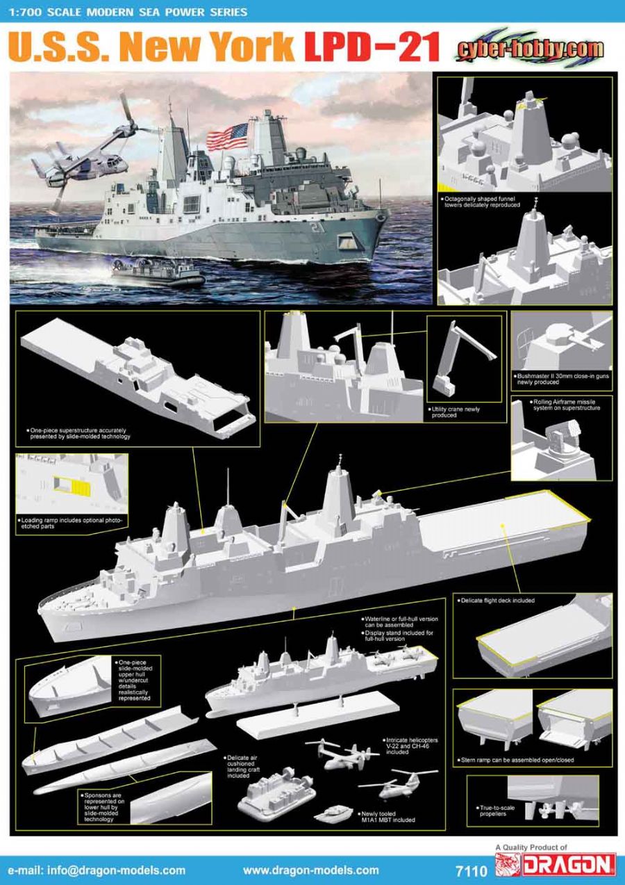 Dragon 7110 1:700 U.S.S. New York LPD-21 Warship Plastic Model Kit