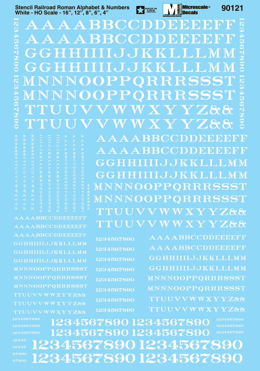 Microscale 70121 N White Stencil Railroad Roman Alphabet & Number Decal Sheet