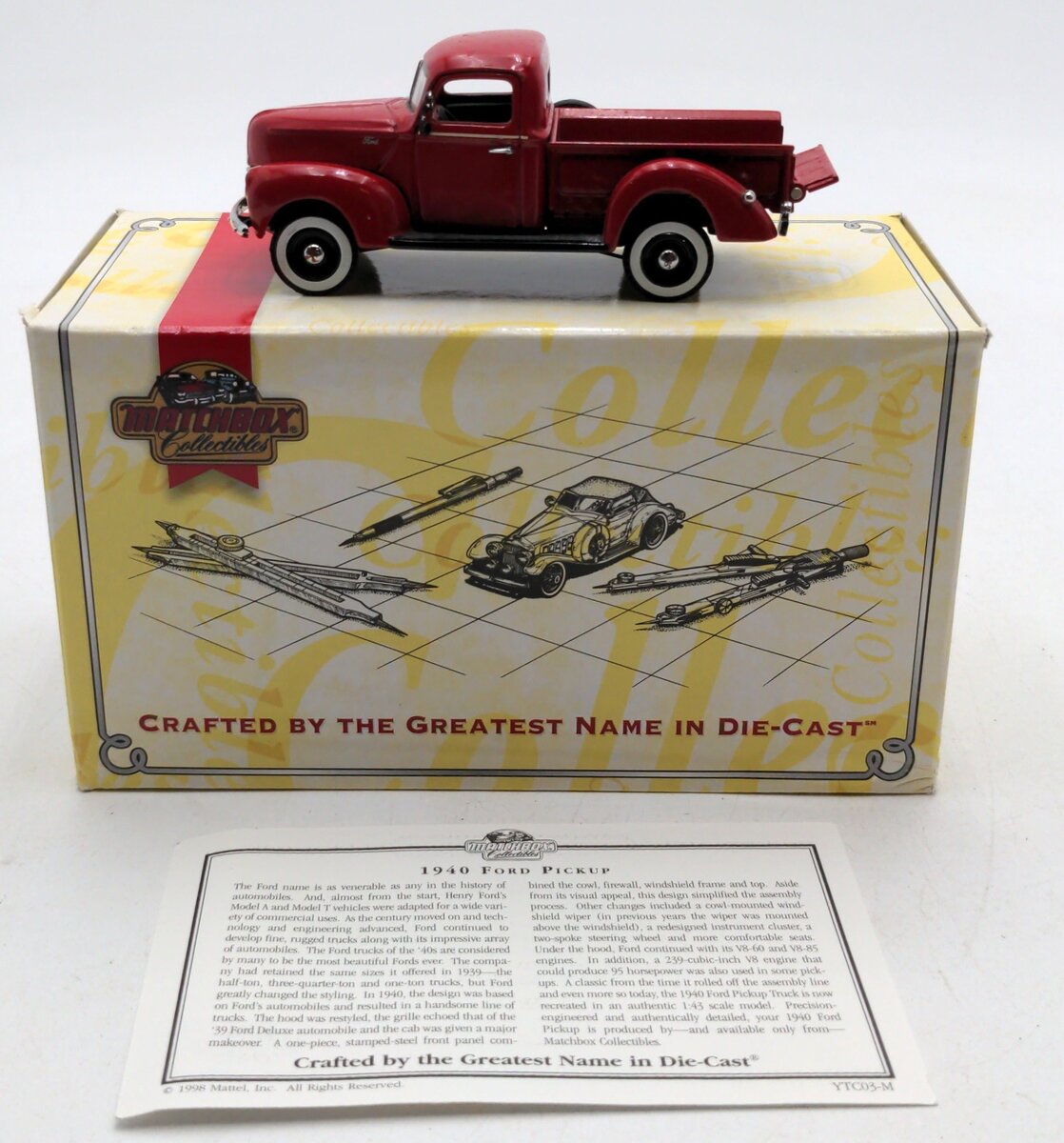 Matchbox YTC03-M 1:43 Red 1940 Ford Pickup W/Certificate Of Authenticity