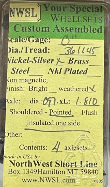 Northwest Short Line 8252-4 HO 36/145" Tread 2-R Shoulder Axle Wheels