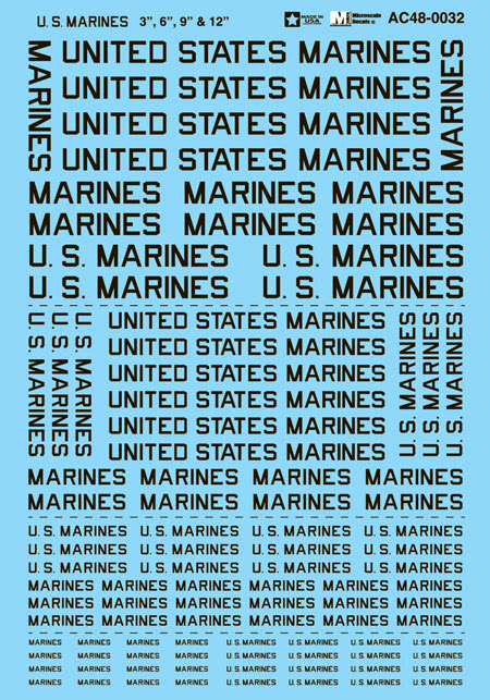 Microscale AC48-0032 1:48 3, 6, 9, 12" US Marines Waterslide Decal Sheet