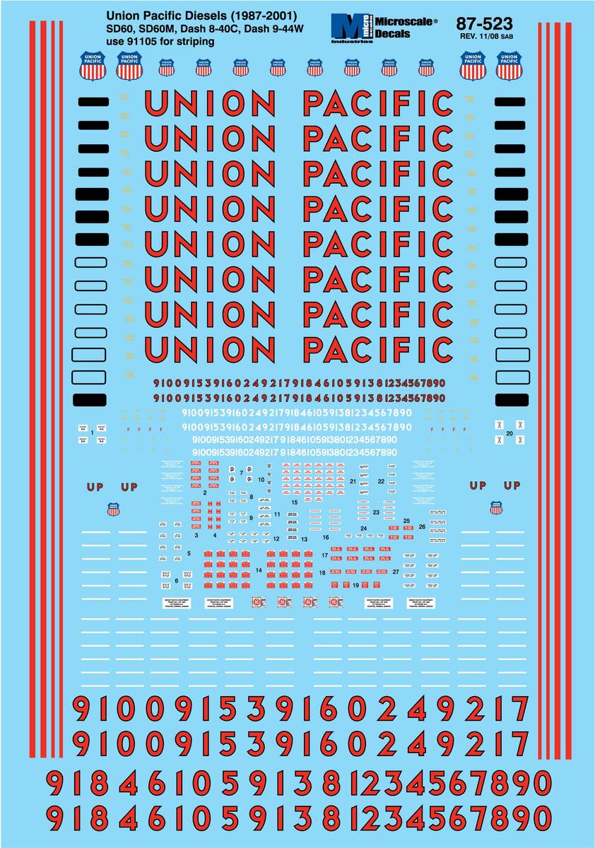 Microscale 87-523 HO 1987-2001 Union Pacific Diesels Decal Sheet